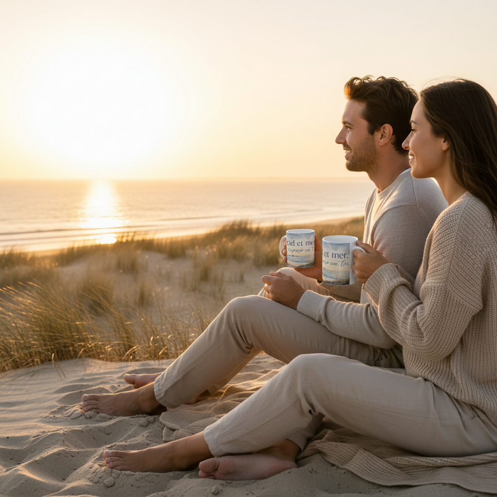 Couple tenant deux mugs Entre ciel et mer je me repose en toi assis sur les dunes au lever du soleil, Gironde