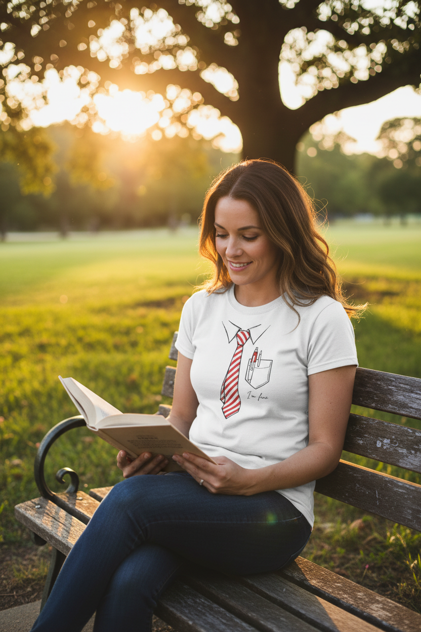 T-shirt femme blanc, motif cravate rouge et blanche avec poche et « I'm fine », porté avec jean