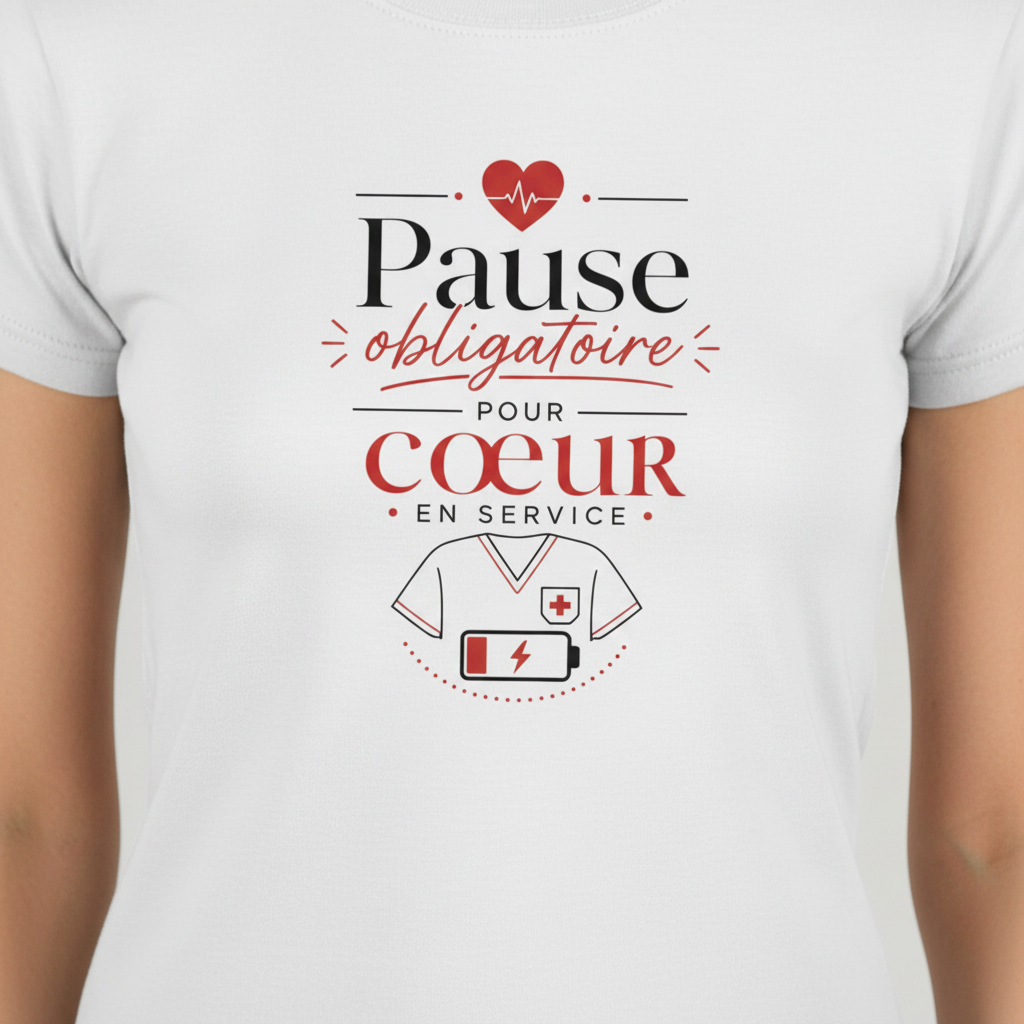 T-shirt blanc, gros plan du motif cœur rouge « Pause obligatoire ».