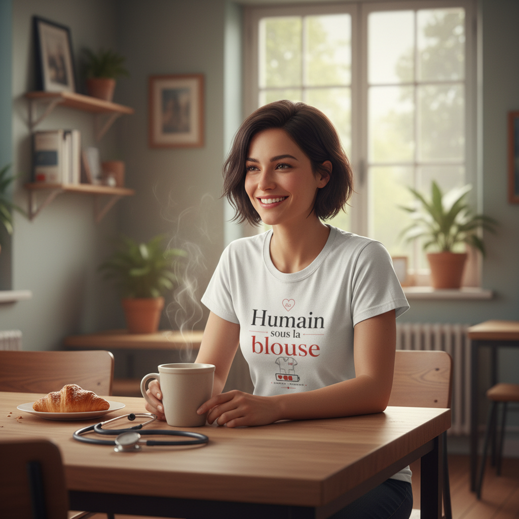 T-shirt blanc manches courtes avec motif « Humain sous la blouse » au centre
