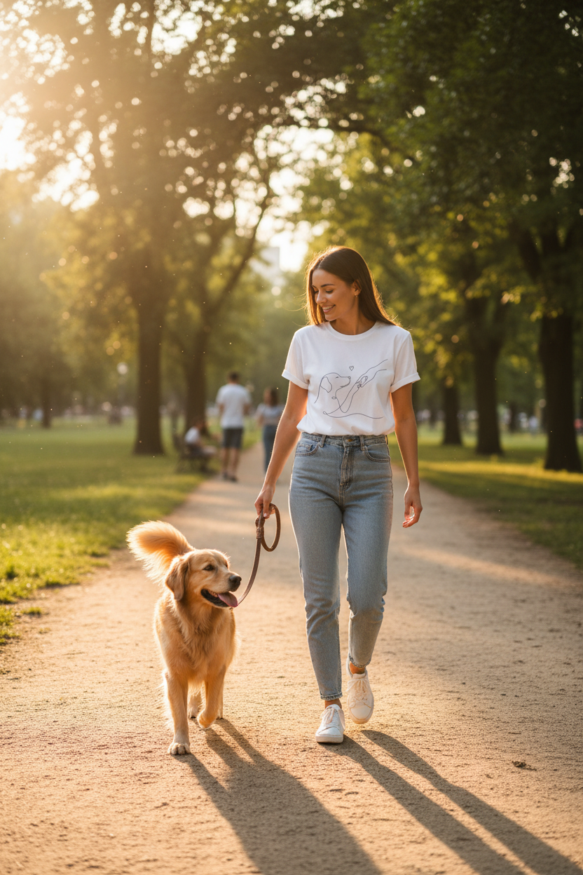 T-shirt unisexe blanc à motif chien en line art et cœur, porté en extérieur, manches courtes.