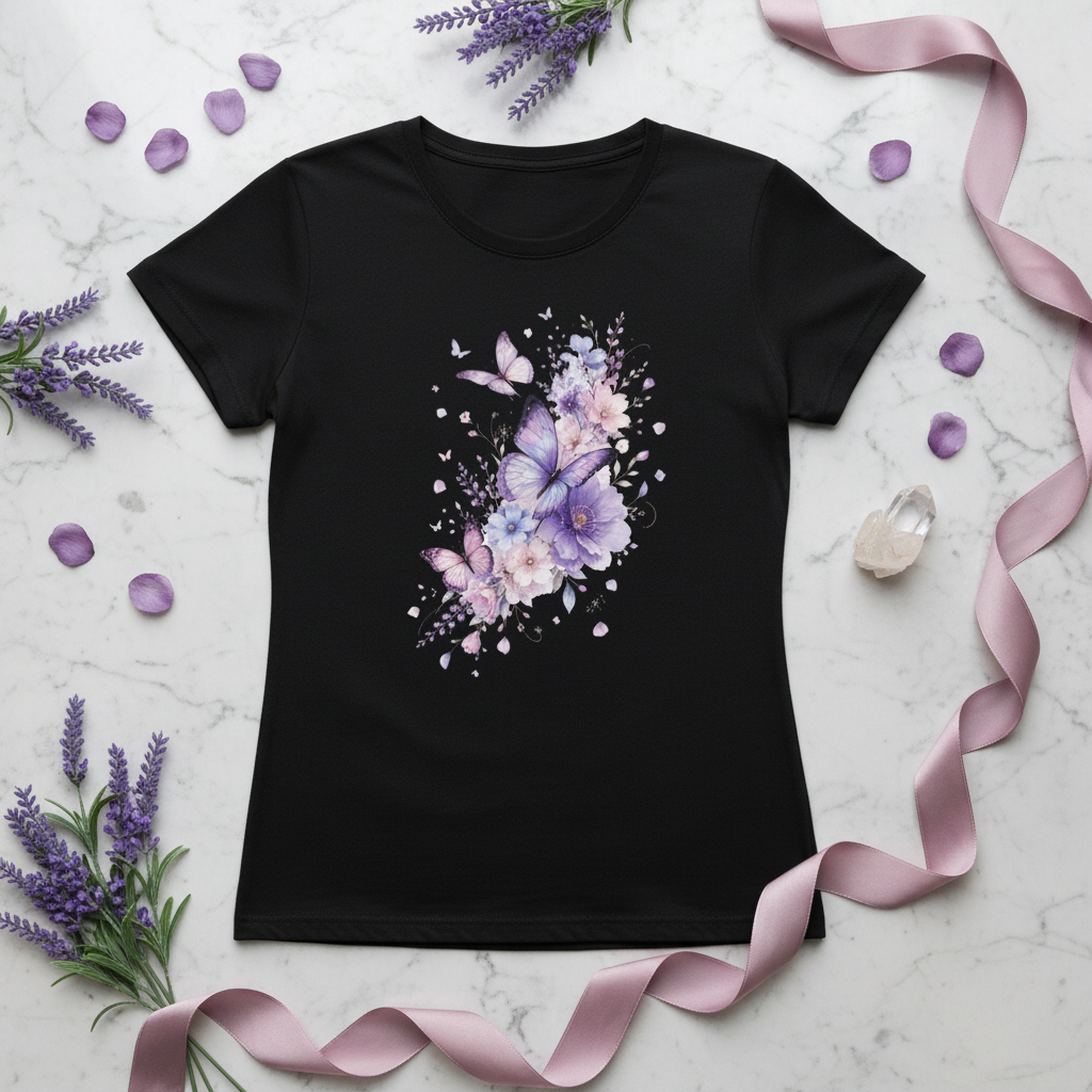 T-shirt femme noir à motif papillons violets et fleurs aquarelle, posé à plat.