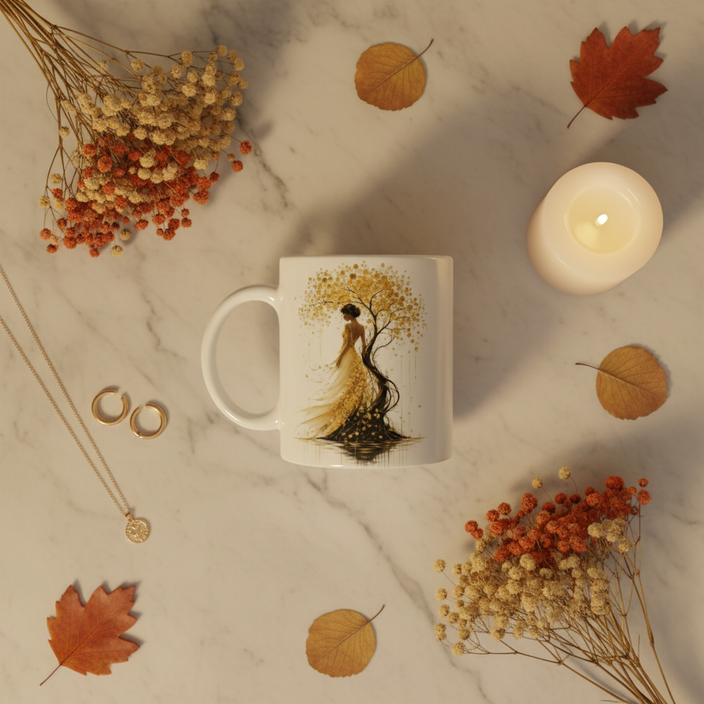 Mug blanc à motif femme et arbre doré, posé sur une table avec bougie