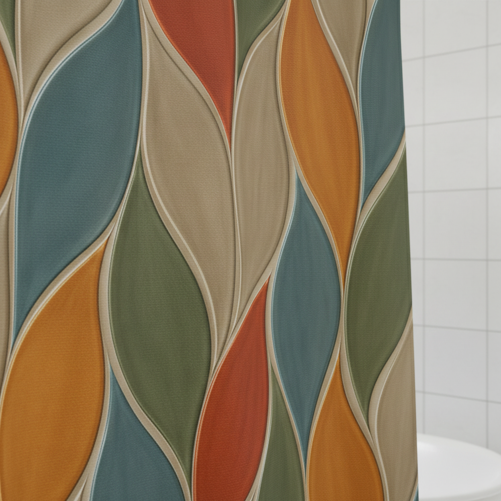 Rideau de douche gros plan : motifs vagues façon vitrail bleu, vert, beige et orange.