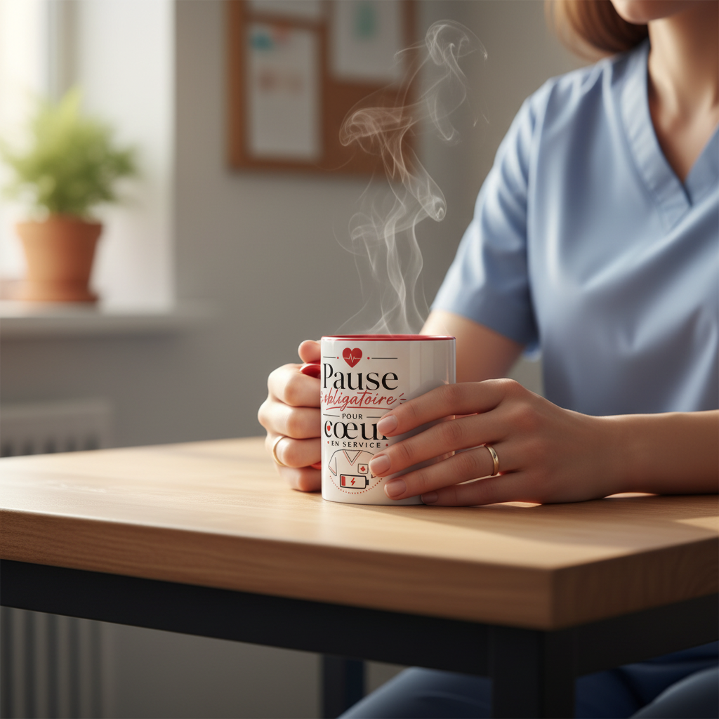 Mug céramique blanche anse rouge, motif cœur, « Pause obligatoire », avec vapeur