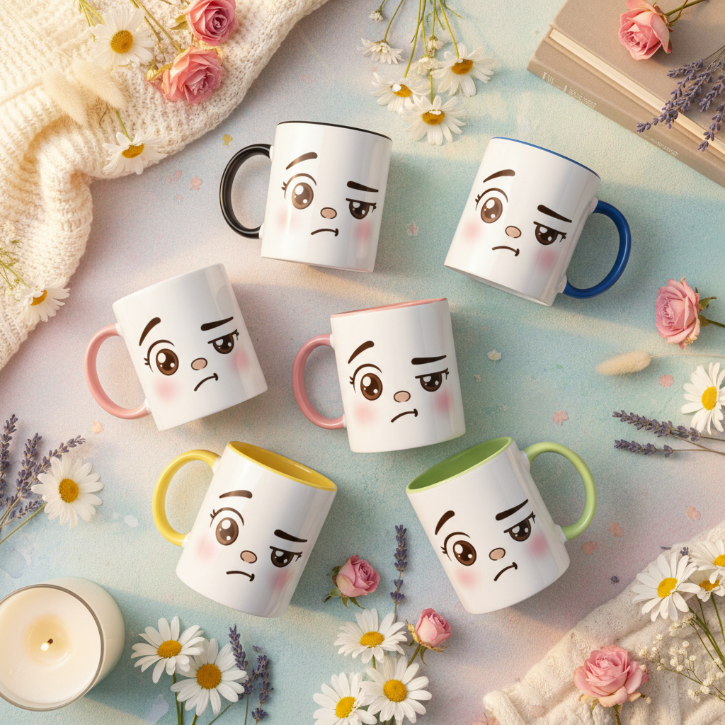 Mugs à visage kawaii boudeur, anses multicolores