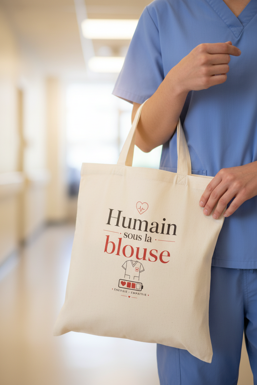 Tote bag en toile écrue porté à l’épaule, motif « Humain sous la blouse »
