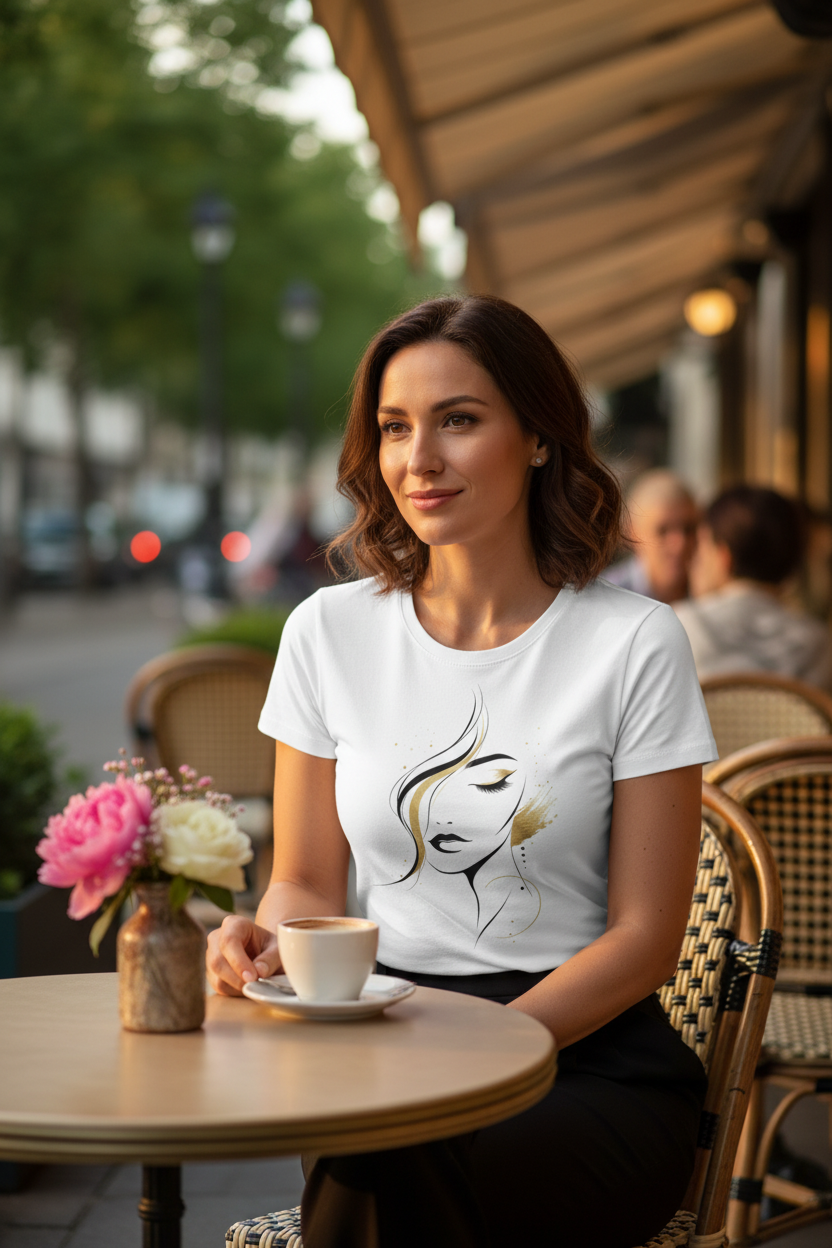 T-shirt blanc femme, motif visage en line art doré sur la poitrine