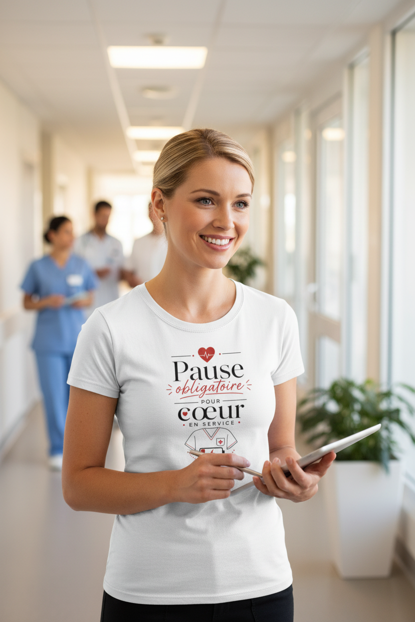 T-shirt blanc col rond, imprimé « Pause obligatoire » pour cœur en service.