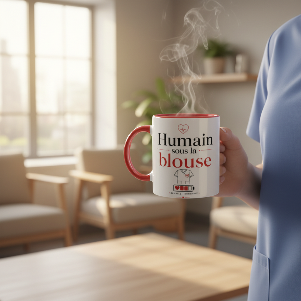Mug Humain sous la blouse, anse rouge, impression cœur et blouse