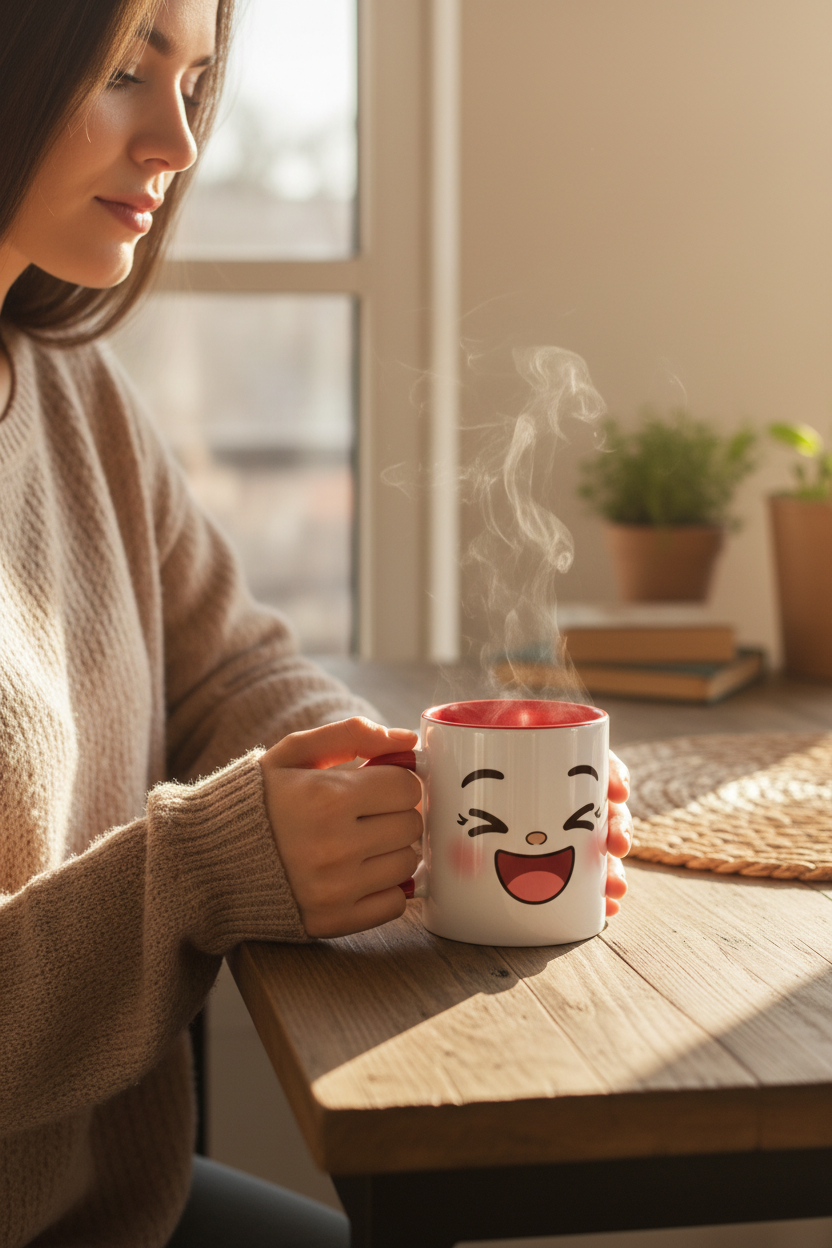 Mug en céramique blanche au visage kawaii souriant, tenu par une main