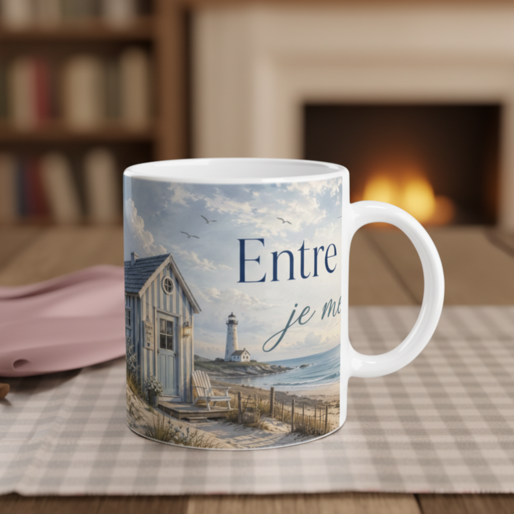 Zoom sur le design aquarelle du mug avec cabane rayee bleue et phare, texte poetique Entre ciel et mer