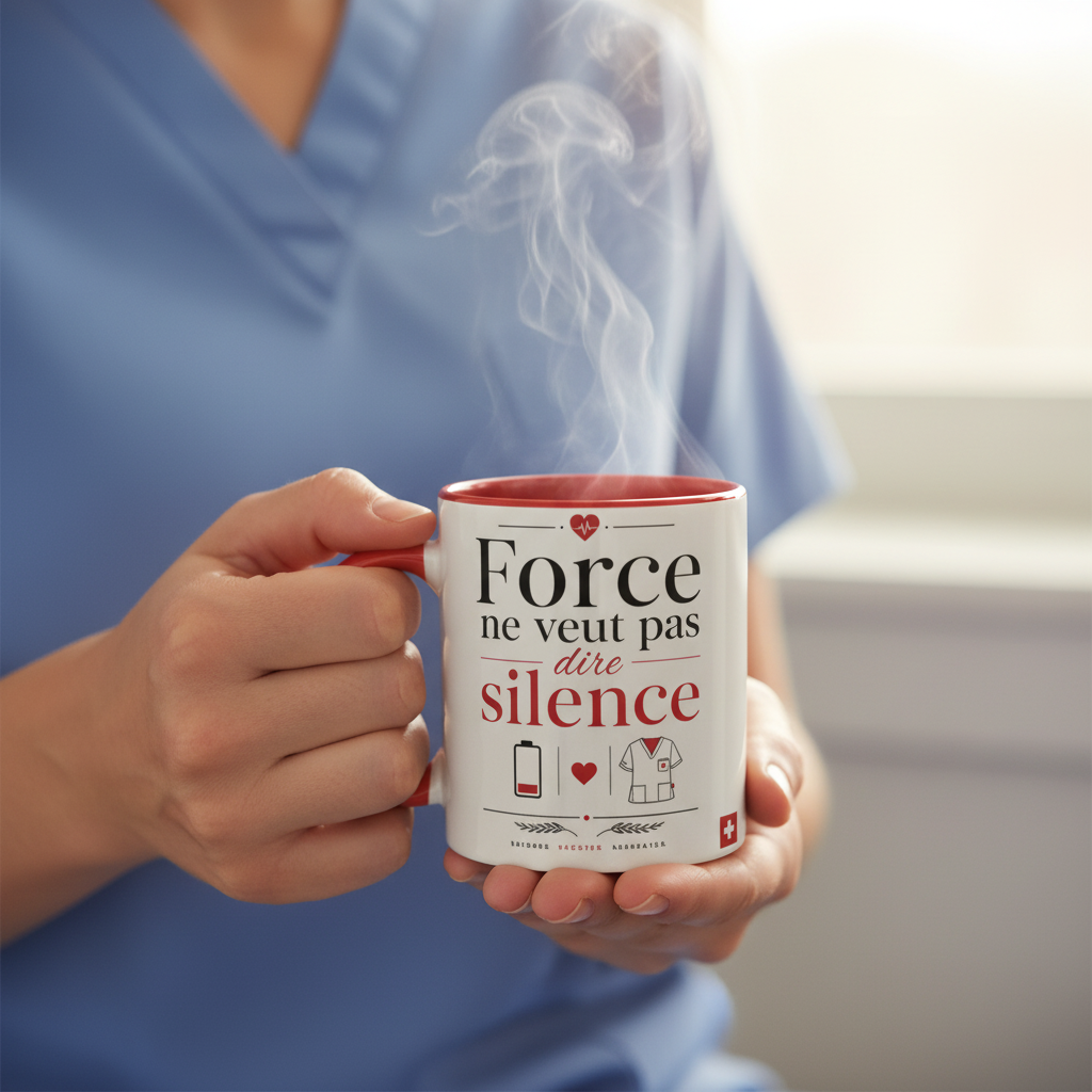 Mug céramique blanc, anse rouge et intérieur rouge, texte « Force ne veut pas dire silence »