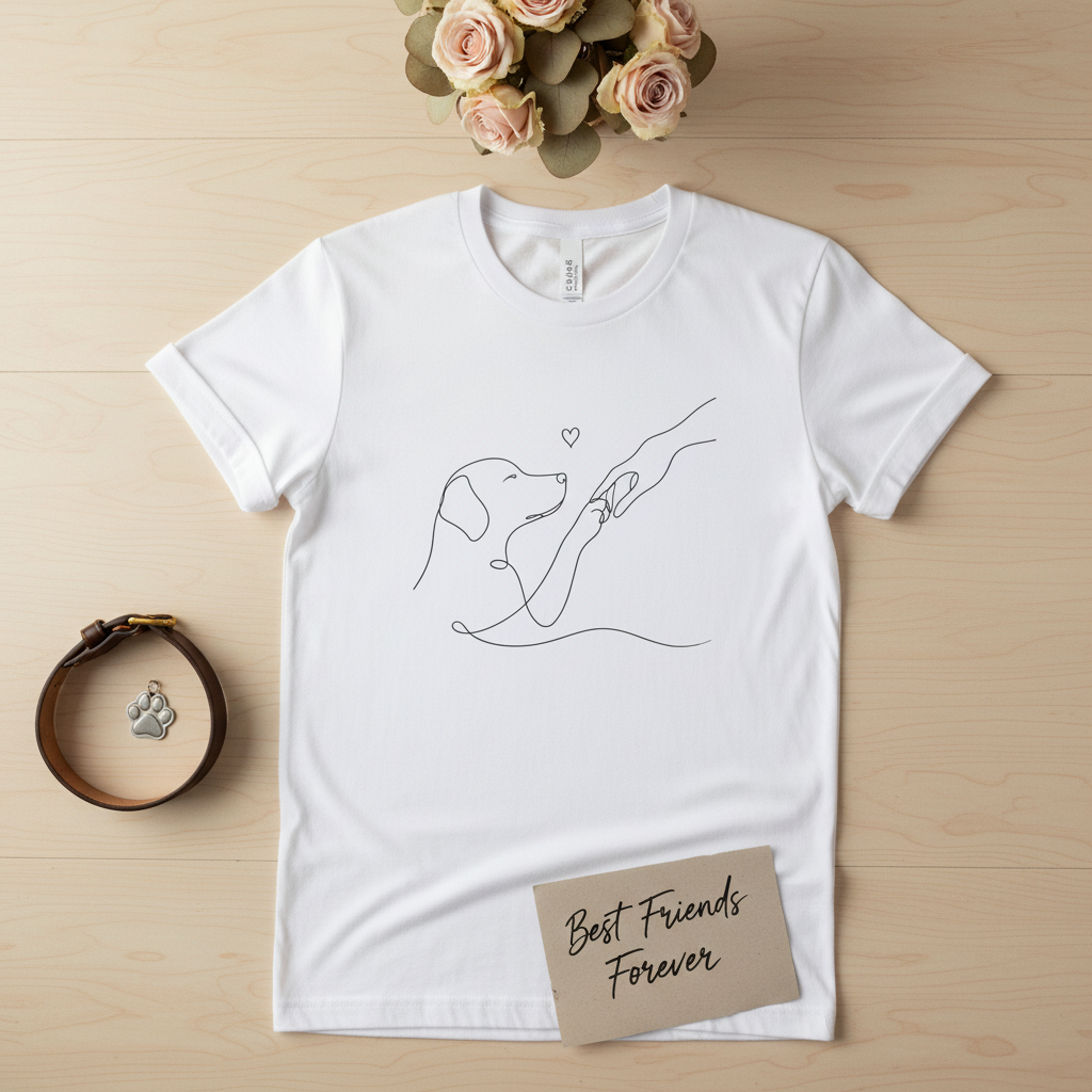 T-shirt unisexe blanc avec motif chien en line art et cœur; étiquette “Best Friends Forever”.