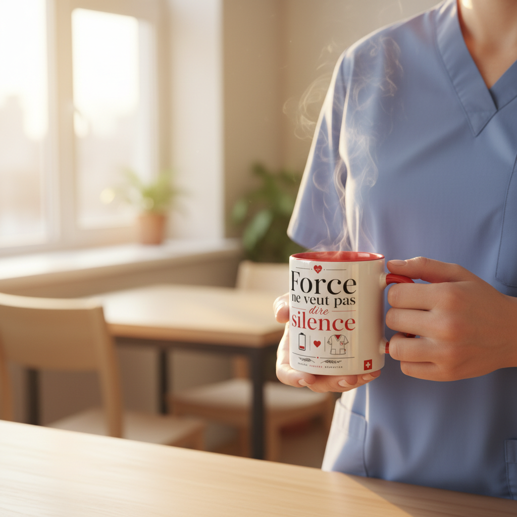 Mug céramique blanc, anse rouge, texte « Force ne veut pas dire silence »