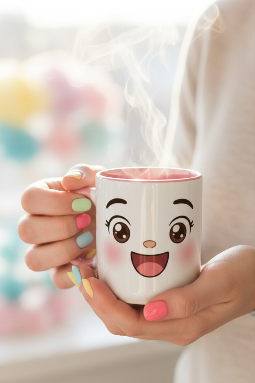 Tasse en céramique blanche à visage kawaii souriant, anse et intérieur rose, tenue à la main.
