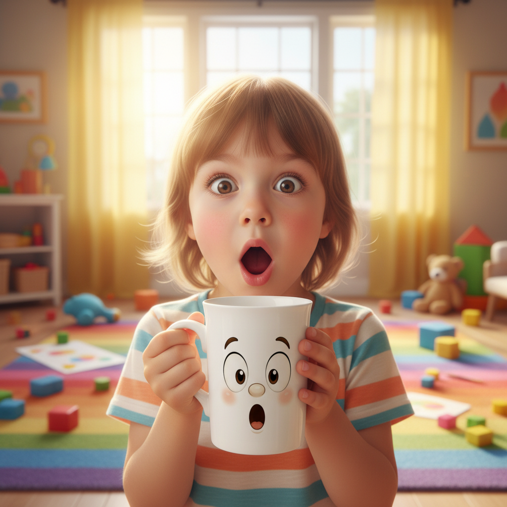 Mug blanc au visage kawaii, yeux ronds et bouche ouverte, tenu à la main