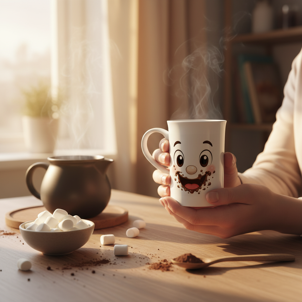 Mug blanc au visage kawaii chocolat, tenu à la main, vapeur légère