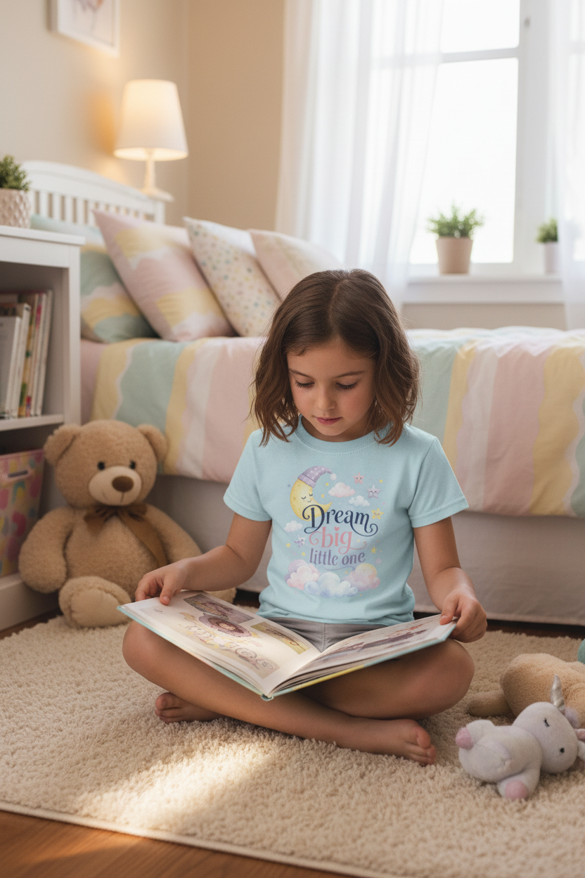 Fillette portant le t-shirt Dream big little one bleu clair, lisant un livre dans une chambre douce avec peluches