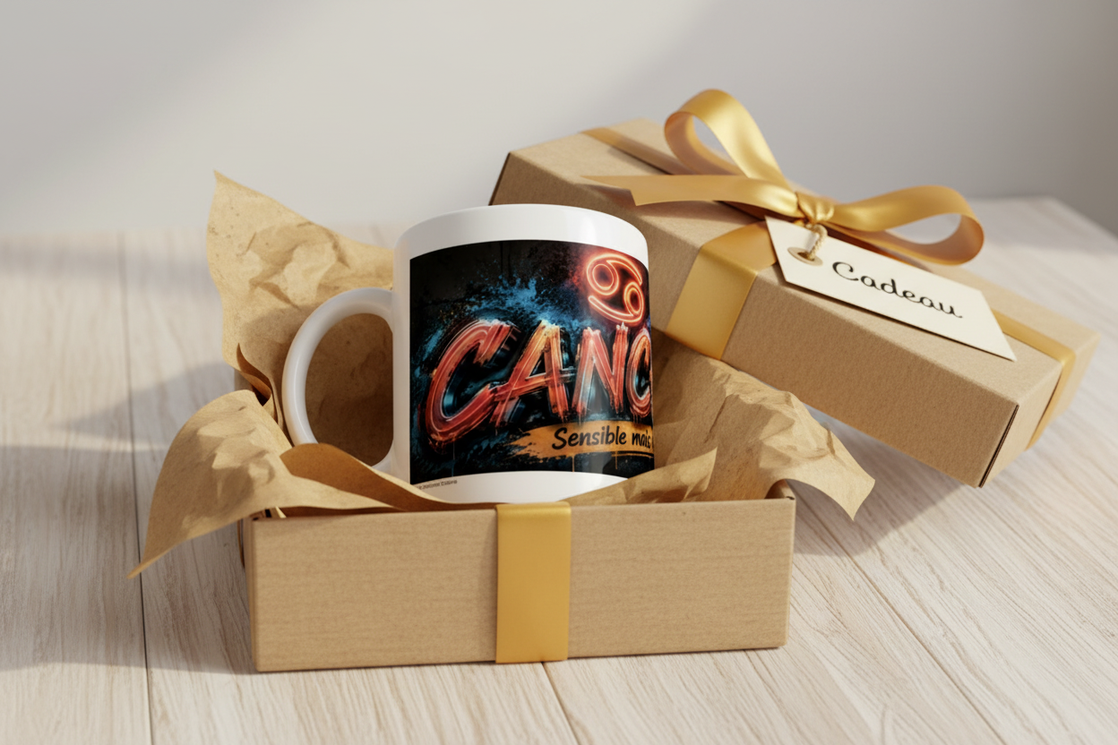 Mug blanc dans un emballage cadeau avec ruban doré