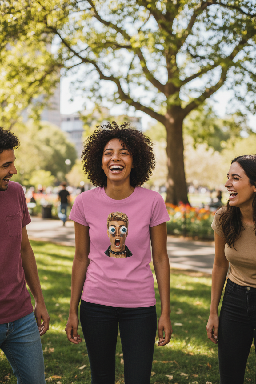 Femme portant un t-shirt rose Azalea humour yeux à ressorts punk dans un parc ensoleillé