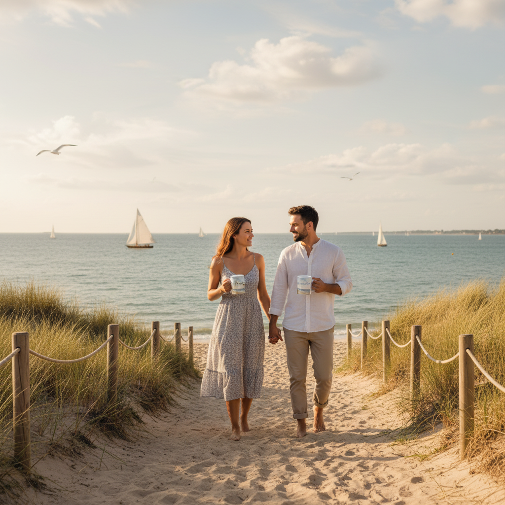 Couple marchant main dans la main sur chemin de sable tenant deux mugs Sous le vent marin je t'aime en douceur, Gironde