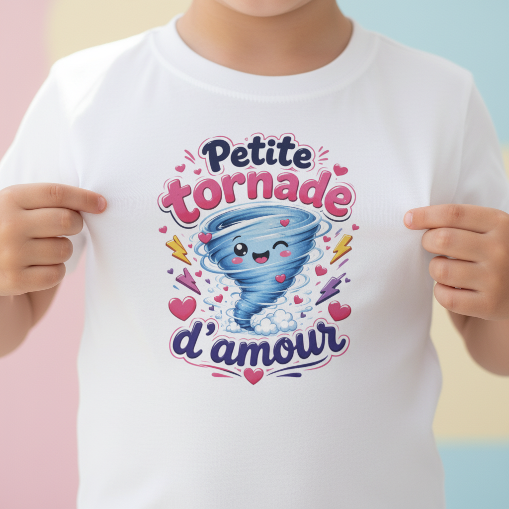 Zoom design kawaii tornade souriante avec coeurs sur t-shirt blanc enfant Petite tornade d'amour