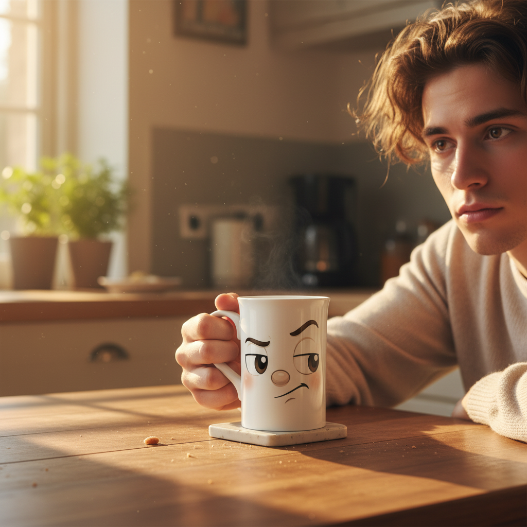 Mug blanc avec visage kawaii sur le devant, tenu dans une main.