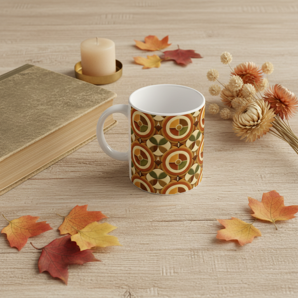 Flat lay mug rétro géométrique 70s avec livre vintage, fleurs séchées et bougie sur bois