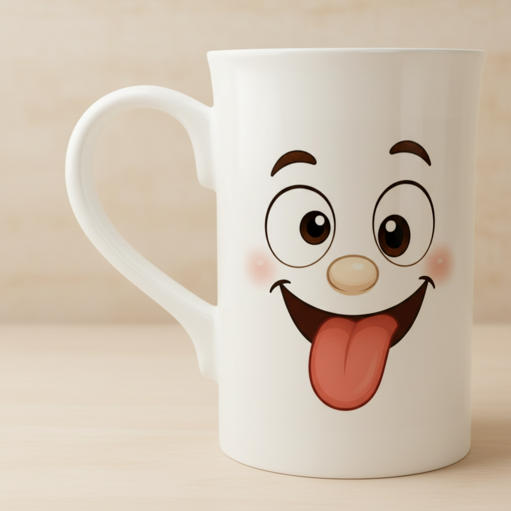 Mug blanc, gros plan du visage kawaii avec langue rouge.