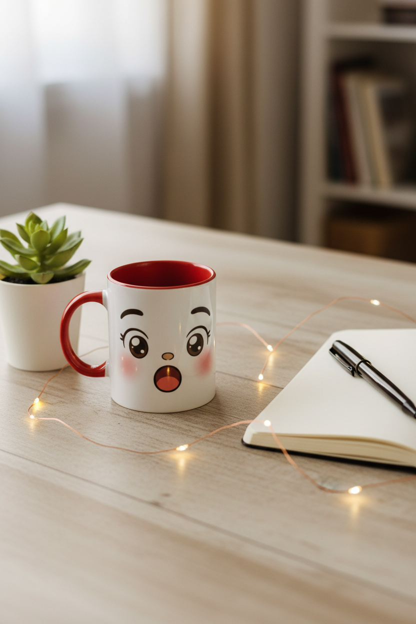 Tasse en céramique blanche au visage kawaii surpris, intérieur rouge, anse.