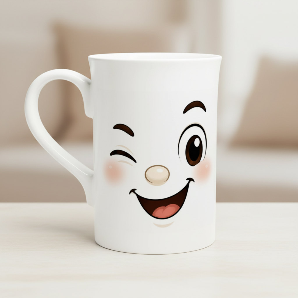 Mug blanc en vue rapprochée, visage kawaii au clin d’œil