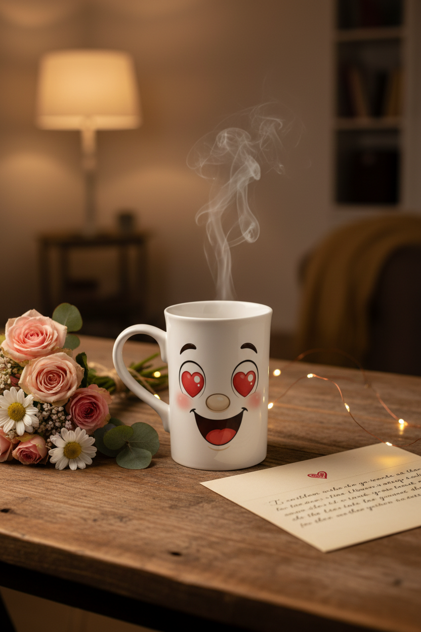 Mug blanc kawaii avec yeux en cœur et bouche rouge, vapeur qui s’élève