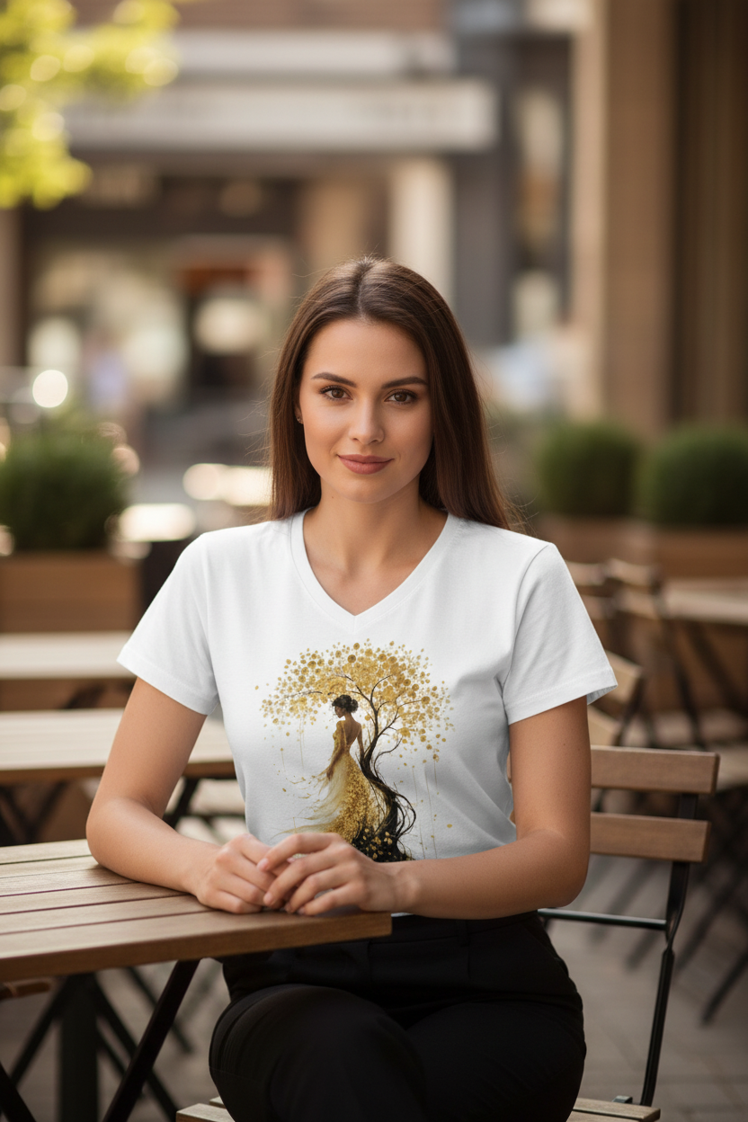 T-shirt femme blanc à encolure V, motif arbre doré et silhouette.