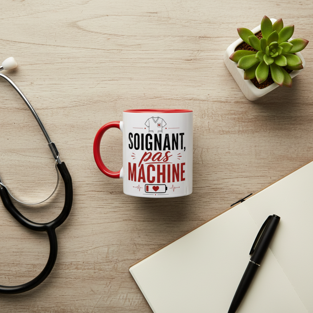 Mug céramique blanc à anse rouge sur table, imprimé « Soignant, pas machine ».