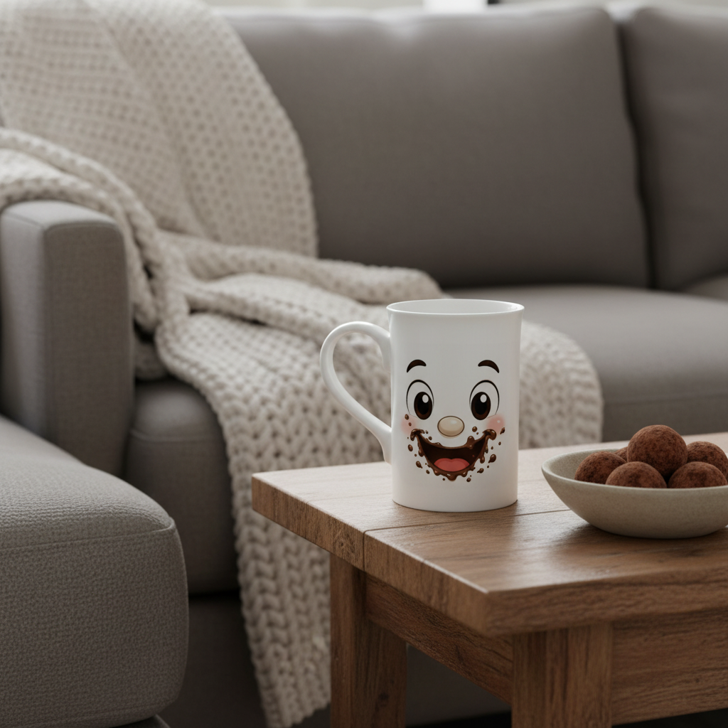 Mug blanc au visage kawaii chocolat, posé sur une table en bois