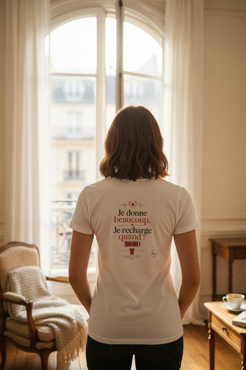 T-shirt blanc vue de dos, texte rouge « Je donne beaucoup » et cœur, col rond.