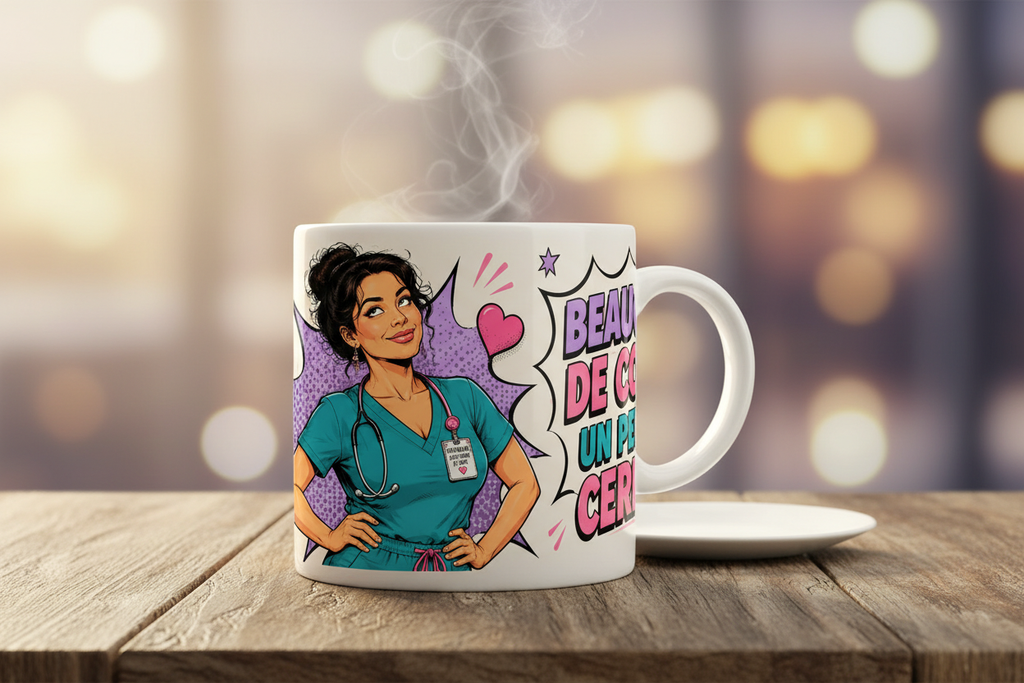 Tasse blanche avec illustration infirmière, cœurs roses et bulles colorées