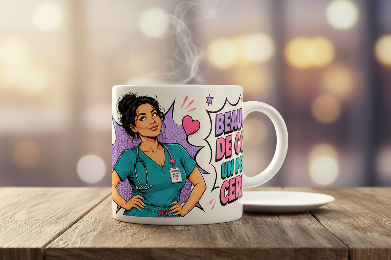 Tasse blanche avec illustration infirmière, cœurs roses et bulles colorées
