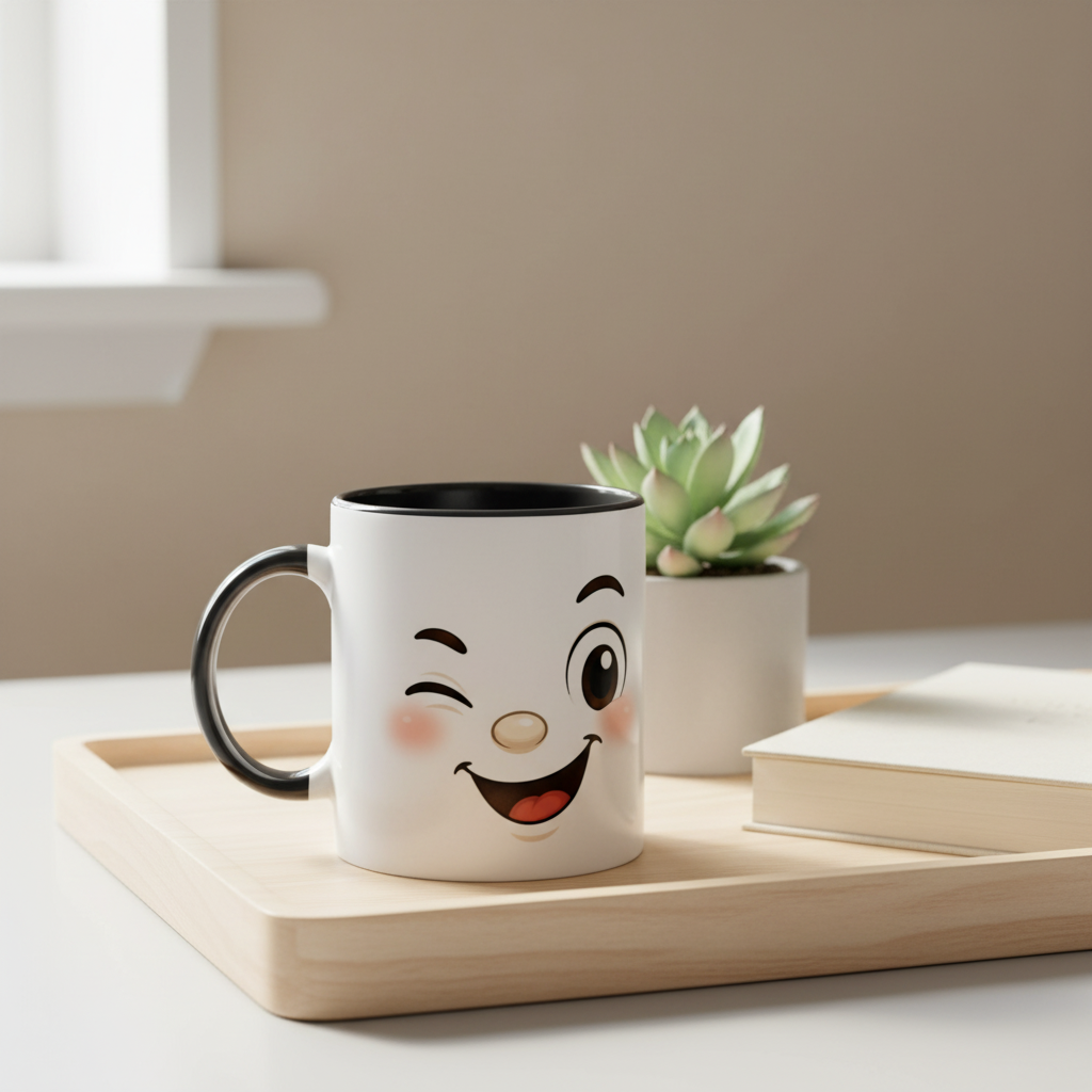 Mug en céramique blanche au visage kawaii, poignée noire et bordure noire