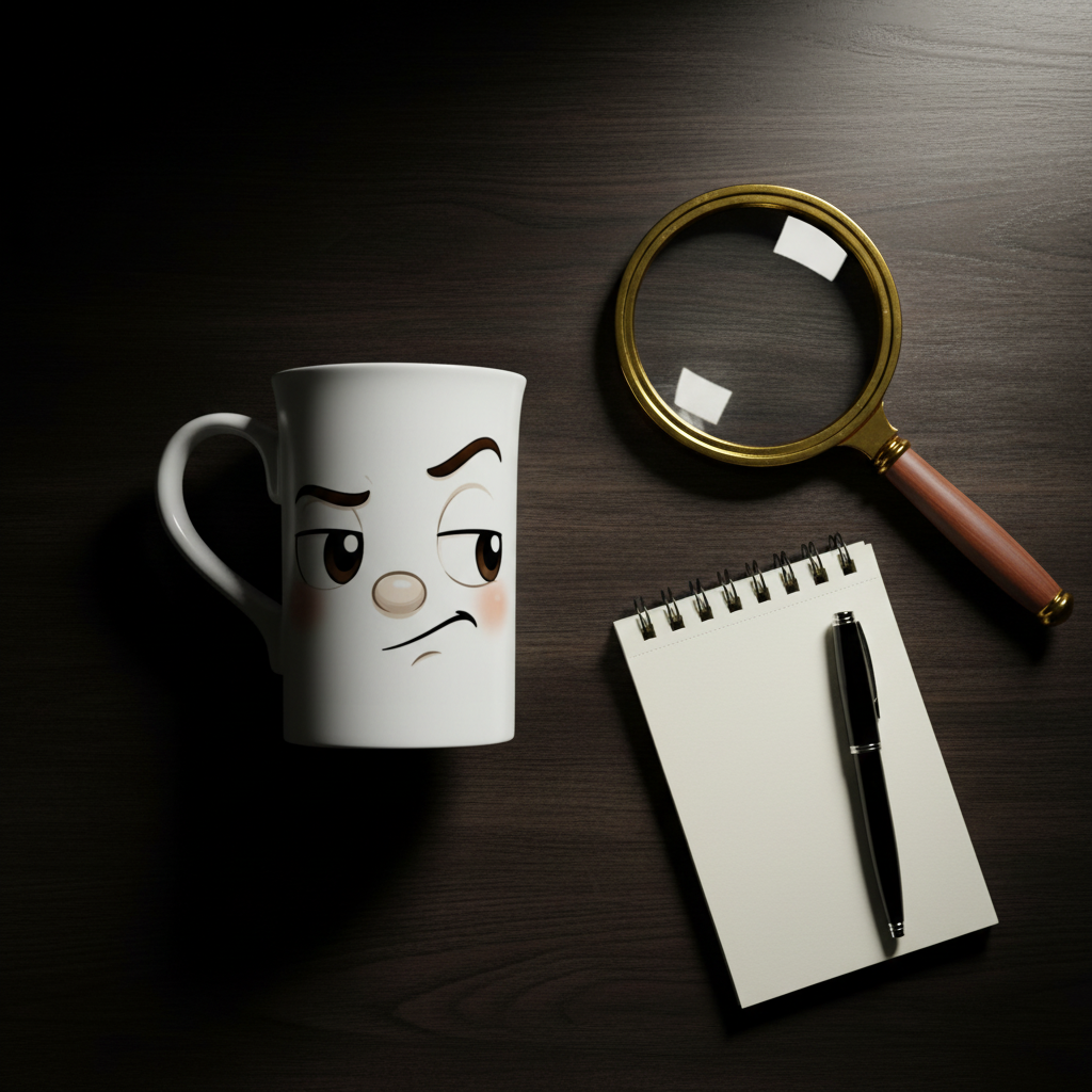 Mug blanc en céramique avec visage kawaii sourcils marqués et expression méfiante.