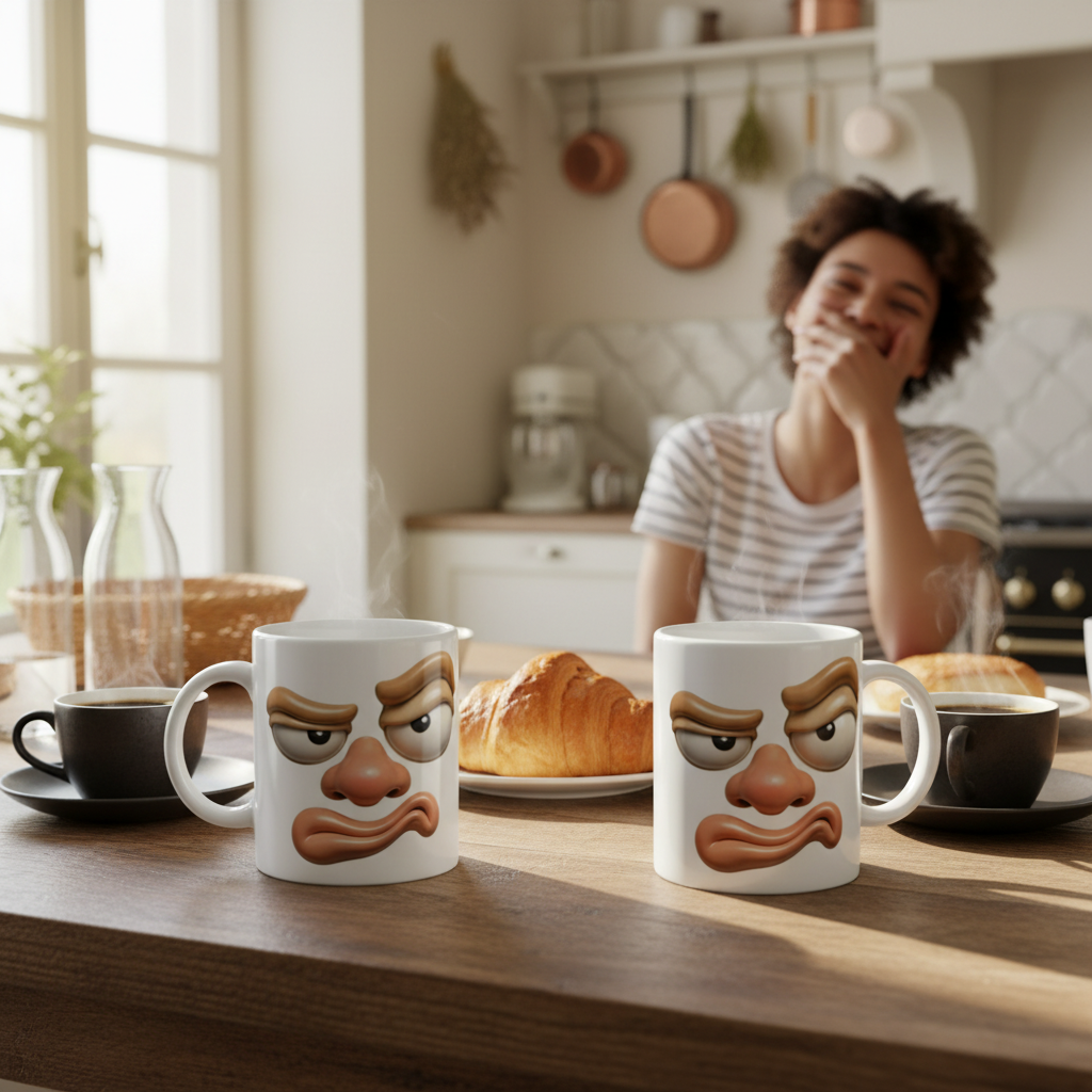 Duo de mugs humour visage grognon sur table petit-dejeuner ambiance francaise