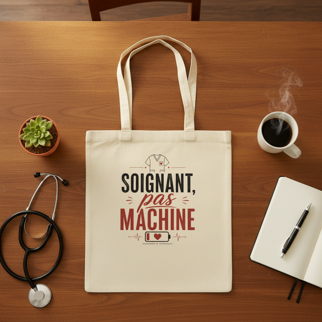 Tote bag en toile écru vu de dessus, anses, inscription rouge et noire « Soignant, pas machine »