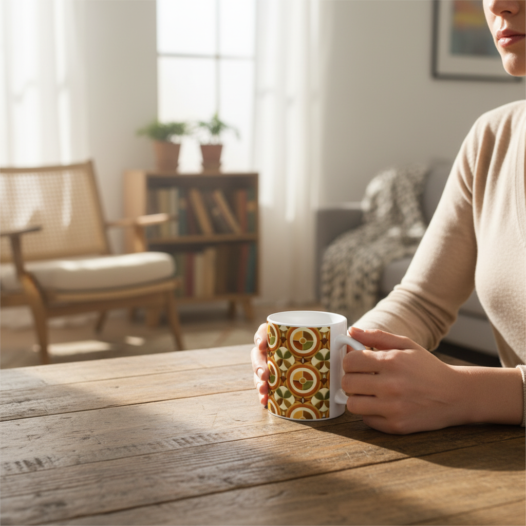 Femme tenant le mug rétro géométrique 70s sur table en bois, ambiance cosy intérieur chaleureux