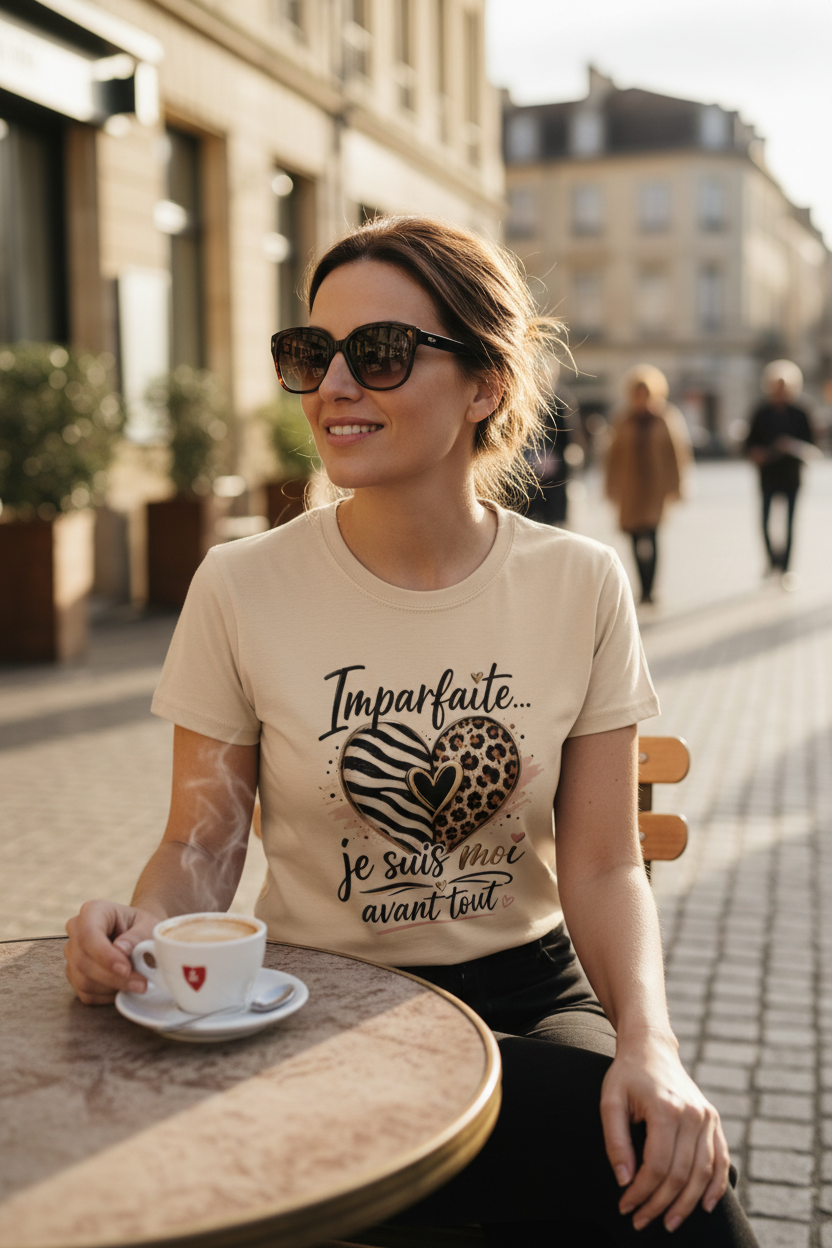T-shirt femme beige clair, col rond, imprimé cœur zébré et « Je suis moi avant tout »