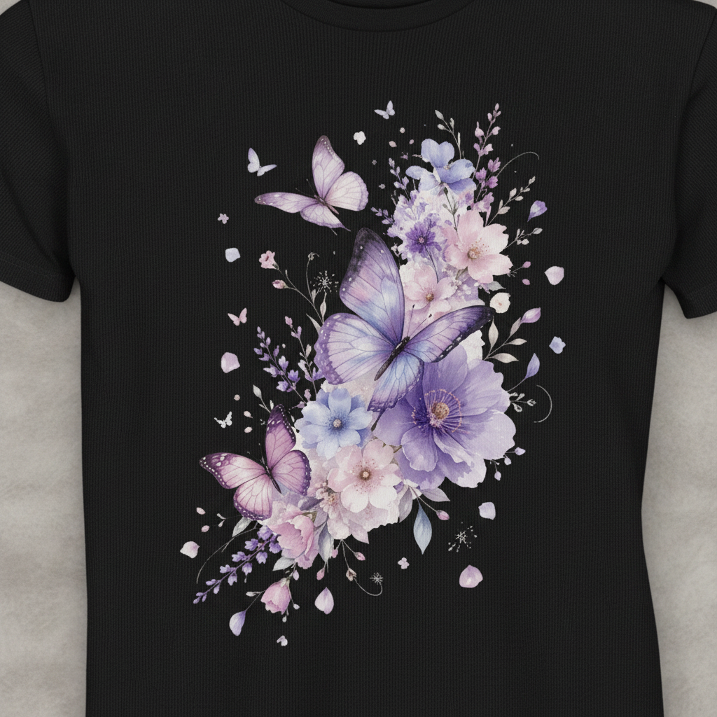 T-shirt femme noir, gros plan du motif papillons violets et fleurs aquarelle.