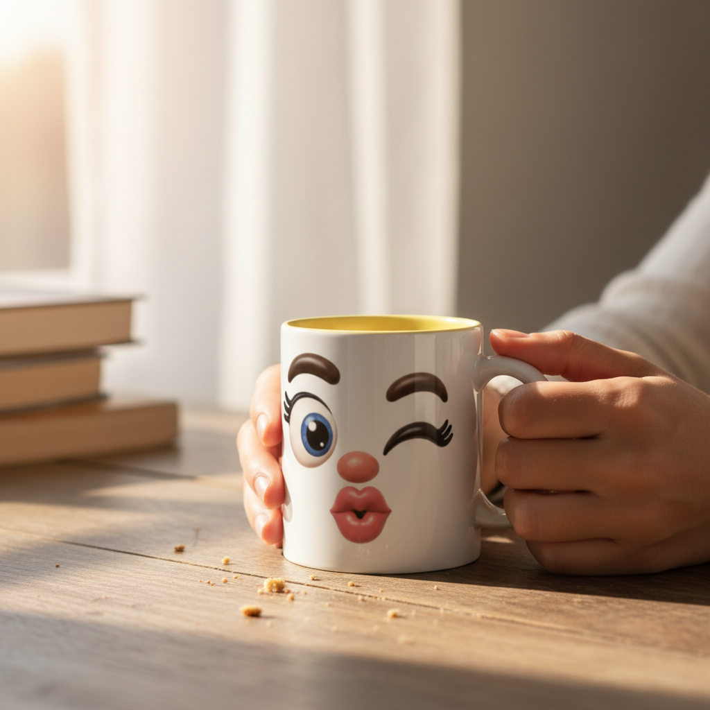 Mug kawaii visage feminin tenu par deux mains ambiance cafe du matin