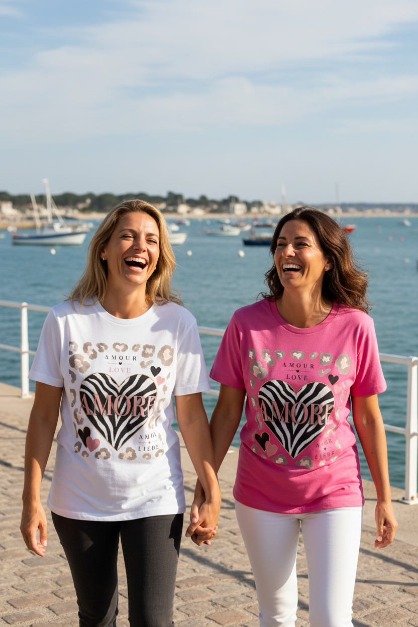 T-shirts unisexe blanc et rose, motifs cœurs zébrés et léopard