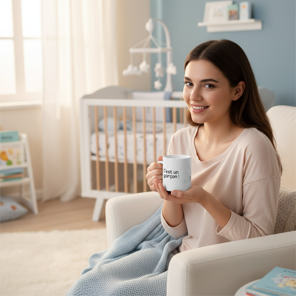 femme tenant mug cest un garcon typographie noire point bleu ambiance nursery