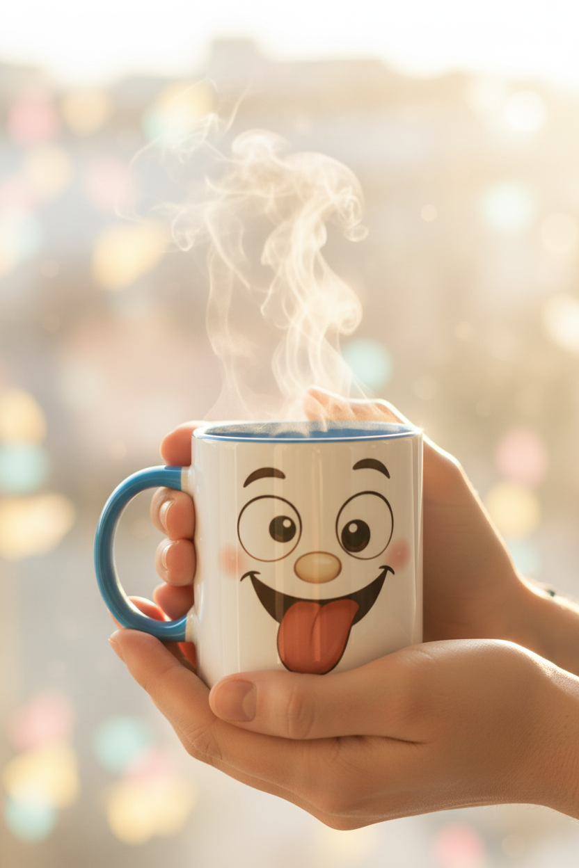 Mug en céramique blanc poignée bleue, visage kawaii, vapeur au-dessus.